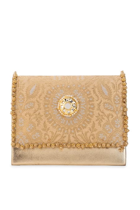 5elements Peach Beads, Pearls, Mirrors Aarna Brocade Paisley Motif Clutch Bag With Sling Online at Aza Fashions 5elements_Peach Beads, Pearls, Mirrors Aarna Brocade Paisley Motif Clutch Bag With Sling _Online_at_Aza_Fashions