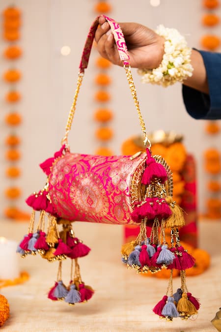 5elements_Pink Tassels, Metallic Thread Brocade Maya Handbag  _at_Aza_Fashions