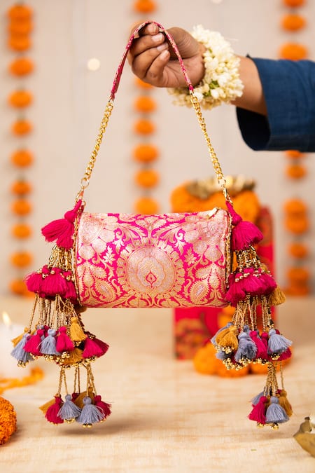 Shop_5elements_Pink Tassels, Metallic Thread Brocade Maya Handbag  