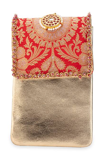 Shop_5elements_Red Stones, Pearls Krishika Brocade Bag _Online_at_Aza_Fashions