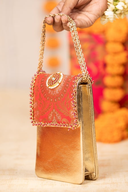 5elements_Red Stones, Pearls Krishika Brocade Bag _at_Aza_Fashions