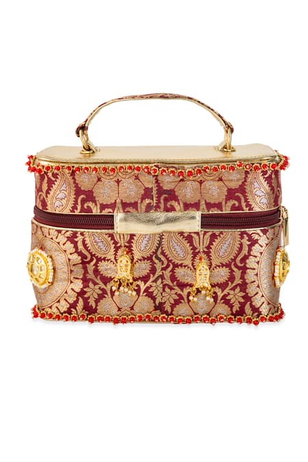 5elements_Maroon Beads, Stones, Metallic Thread, Himadri Brocade Paisley Motif Box Handbag _Online_at_Aza_Fashions