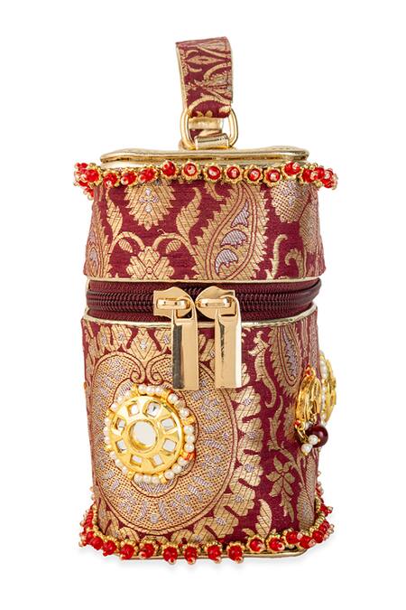 Buy_5elements_Maroon Beads, Stones, Metallic Thread, Himadri Brocade Paisley Motif Box Handbag _Online_at_Aza_Fashions