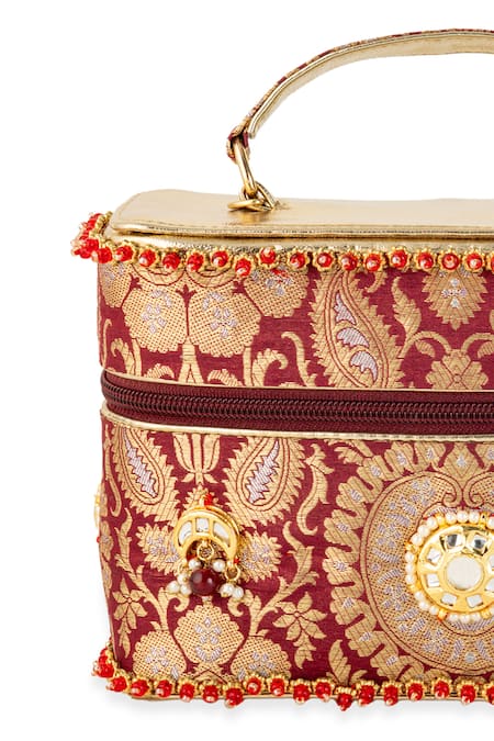 Shop_5elements_Maroon Beads, Stones, Metallic Thread, Himadri Brocade Paisley Motif Box Handbag _Online_at_Aza_Fashions