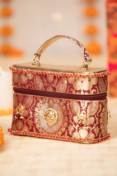 5elements_Maroon Beads, Stones, Metallic Thread, Himadri Brocade Paisley Motif Box Handbag _at_Aza_Fashions