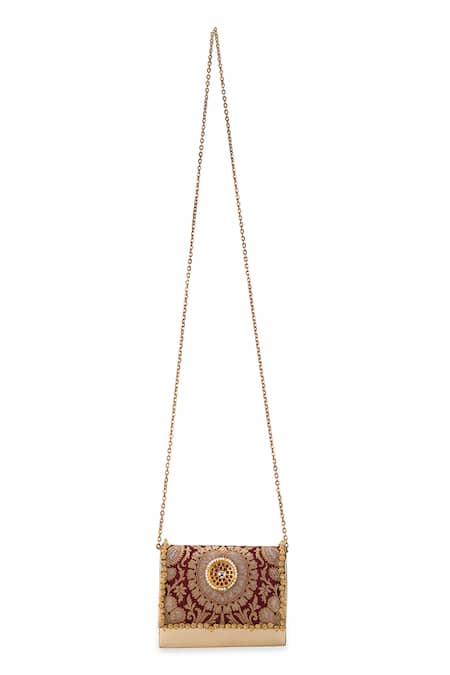 5elements_Maroon Beads, Stones, Pearls Vanika Brocade Floral Motif Handbag  _Online_at_Aza_Fashions