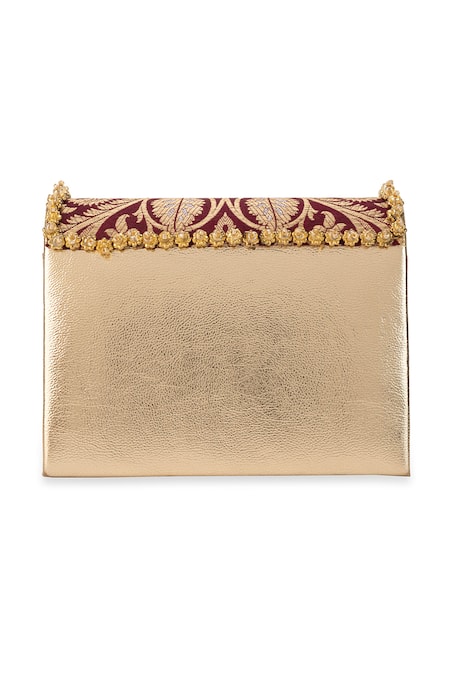 Buy_5elements_Maroon Beads, Stones, Pearls Vanika Brocade Floral Motif Handbag  _Online_at_Aza_Fashions