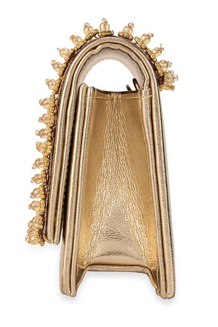 5elements_Maroon Beads, Stones, Pearls Vanika Brocade Floral Motif Handbag  _at_Aza_Fashions