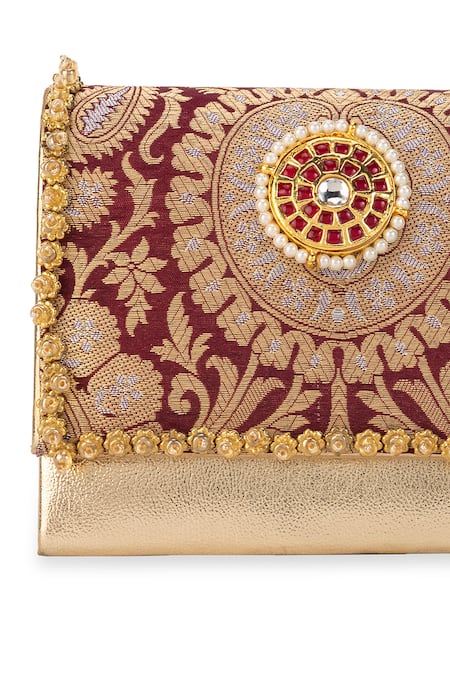 Buy_5elements_Maroon Beads, Stones, Pearls Vanika Brocade Floral Motif Handbag  