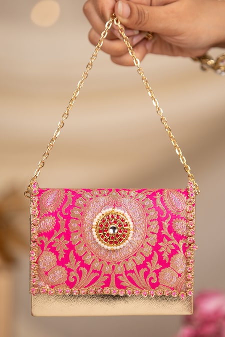 5elements_Pink Beads, Stones, Pearls Vanika Brocade Bag _at_Aza_Fashions