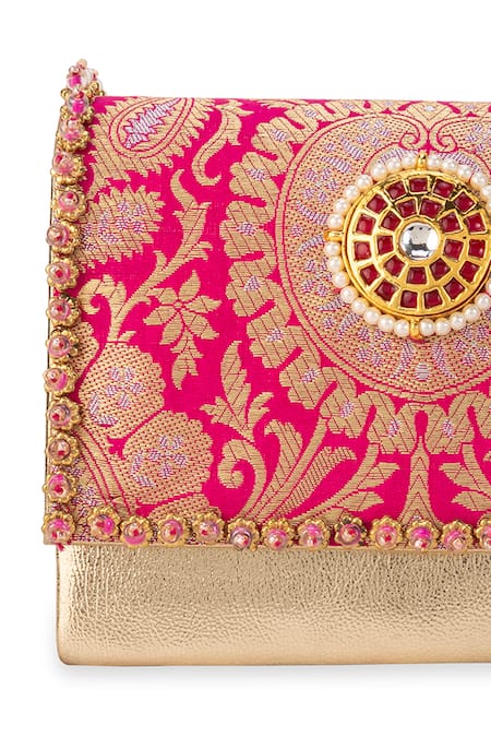 Buy_5elements_Pink Beads, Stones, Pearls Vanika Brocade Bag 