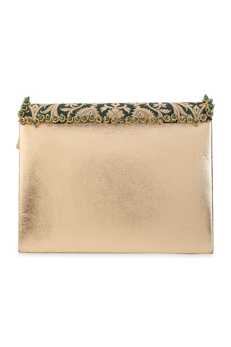 5elements Green Embroidery, Stones, Pearls, Beads Vanika Brocade Motif Handbag Online at Aza Fashions 5elements_Green Embroidery, Stones, Pearls, Beads Vanika Brocade Motif Handbag _Online_at_Aza_Fashions