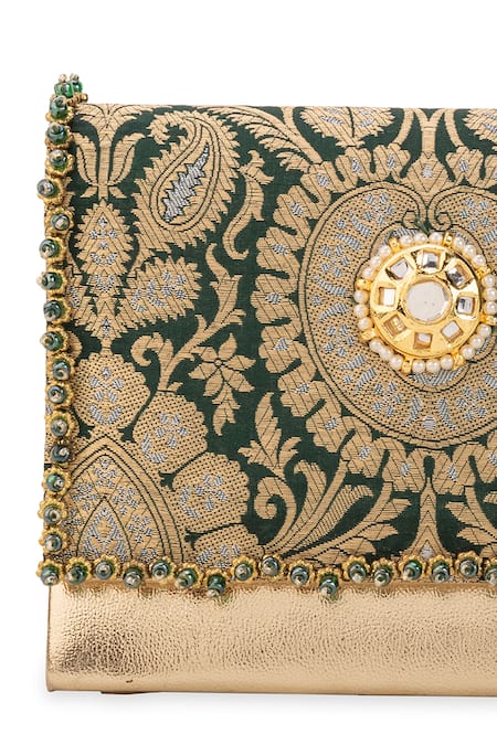 Shop 5elements Green Embroidery, Stones, Pearls, Beads Vanika Brocade Motif Handbag Online at Aza Fashions Shop_5elements_Green Embroidery, Stones, Pearls, Beads Vanika Brocade Motif Handbag _Online_at_Aza_Fashions
