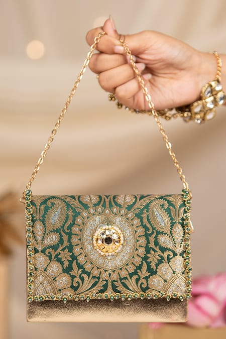 5elements Green Embroidery, Stones, Pearls, Beads Vanika Brocade Motif Handbag at Aza Fashions 5elements_Green Embroidery, Stones, Pearls, Beads Vanika Brocade Motif Handbag _at_Aza_Fashions