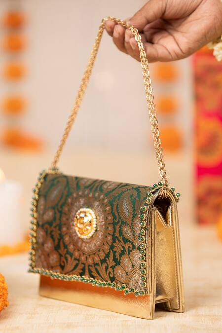 Buy 5elements Green Embroidery, Stones, Pearls, Beads Vanika Brocade Motif Handbag Buy_5elements_Green Embroidery, Stones, Pearls, Beads Vanika Brocade Motif Handbag
