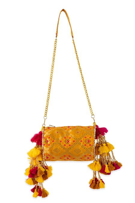 Buy_5elements_Yellow Tassels, Mirrors, Zari Brocade Patterned Manika Bag _Online_at_Aza_Fashions