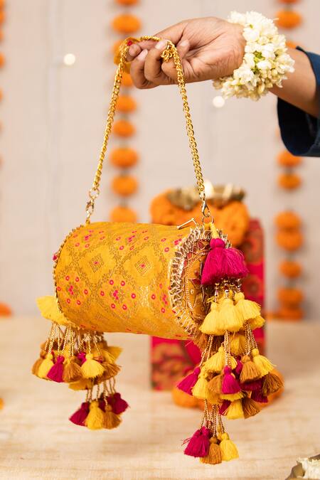 5elements_Yellow Tassels, Mirrors, Zari Brocade Patterned Manika Bag _at_Aza_Fashions