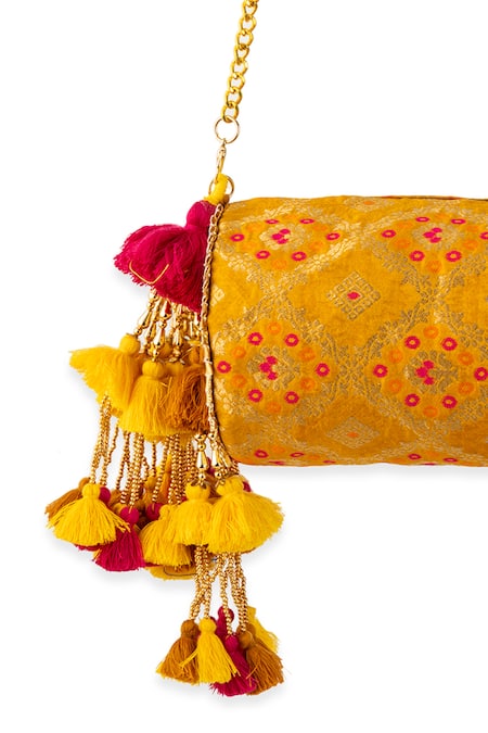 Buy_5elements_Yellow Tassels, Mirrors, Zari Brocade Patterned Manika Bag 