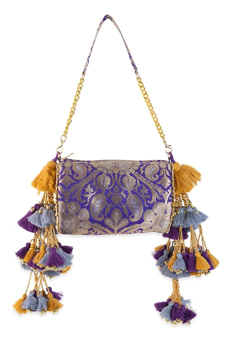 Buy_5elements_Purple Tassels, Beads Manika Brocade Paisley Motif Handbag  _Online_at_Aza_Fashions