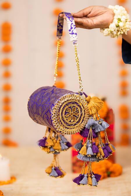 5elements_Purple Tassels, Beads Manika Brocade Paisley Motif Handbag  _at_Aza_Fashions