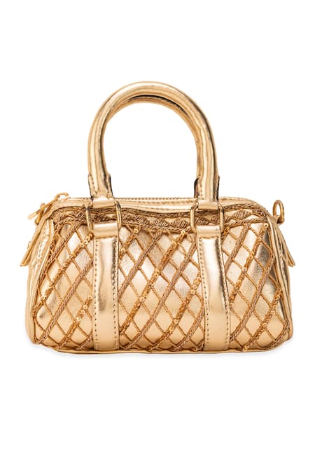 5elements_Gold Sequins, Metallic Thread Aarika Quilted Pattern Handbag  _Online_at_Aza_Fashions