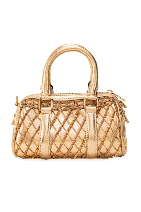 Buy_5elements_Gold Sequins, Metallic Thread Aarika Quilted Pattern Handbag  _Online_at_Aza_Fashions