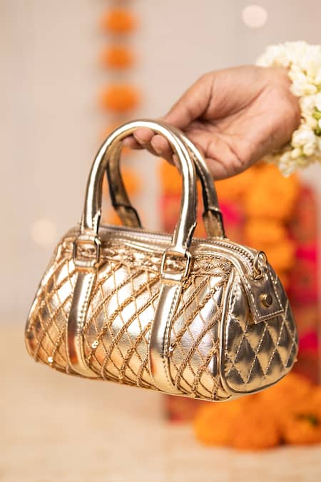 5elements_Gold Sequins, Metallic Thread Aarika Quilted Pattern Handbag  _at_Aza_Fashions