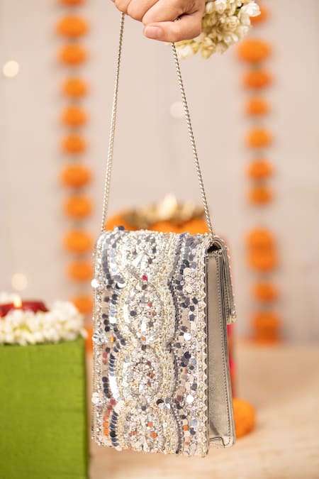 Buy_5elements_Silver Sequins, Beads, Metallic Thread Harshini And Embroidered Handbag _Online_at_Aza_Fashions
