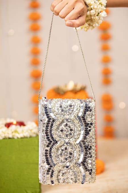 Shop_5elements_Silver Sequins, Beads, Metallic Thread Harshini And Embroidered Handbag _Online_at_Aza_Fashions
