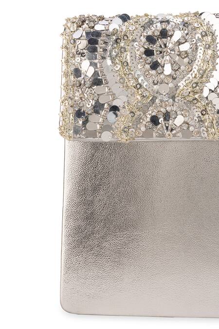 Shop_5elements_Silver Sequins, Beads, Metallic Thread Harshini And Embroidered Handbag 