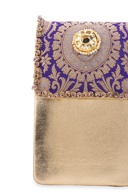 Shop 5elements Purple Stones, Pearls, Metallic Thread Pranavi Brocade Bag Online at Aza Fashions Shop_5elements_Purple Stones, Pearls, Metallic Thread Pranavi Brocade Bag _Online_at_Aza_Fashions
