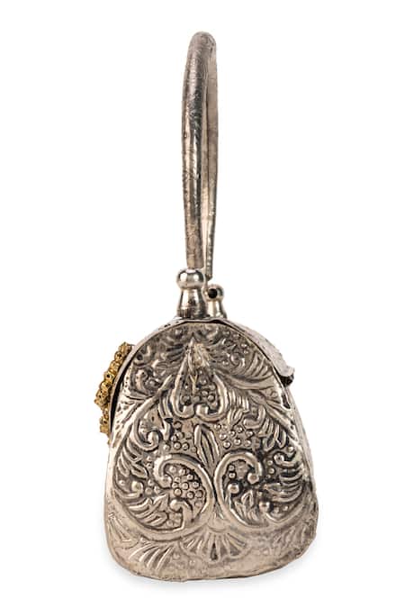 5elements_Silver Gemstones, Pearls Kashvika Embossed Metallic Handbag  _Online_at_Aza_Fashions