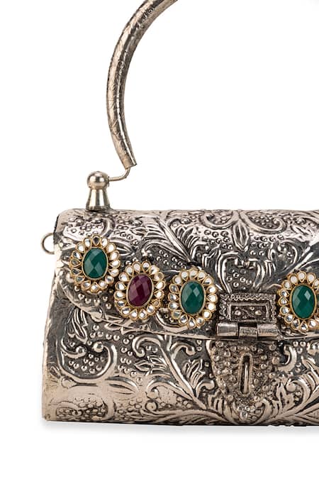 Buy_5elements_Silver Gemstones, Pearls Kashvika Embossed Metallic Handbag  _Online_at_Aza_Fashions