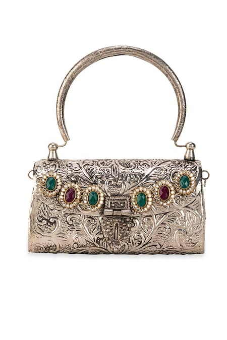Shop_5elements_Silver Gemstones, Pearls Kashvika Embossed Metallic Handbag  _Online_at_Aza_Fashions