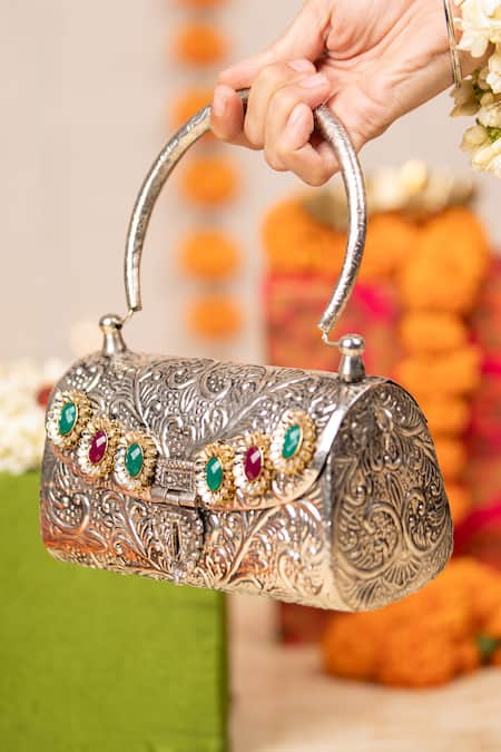 5elements_Silver Gemstones, Pearls Kashvika Embossed Metallic Handbag  _at_Aza_Fashions