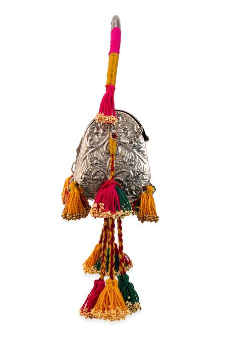 5elements_Silver Tassels, Beads Anvika Embossed Metallic Handbag  _Online_at_Aza_Fashions