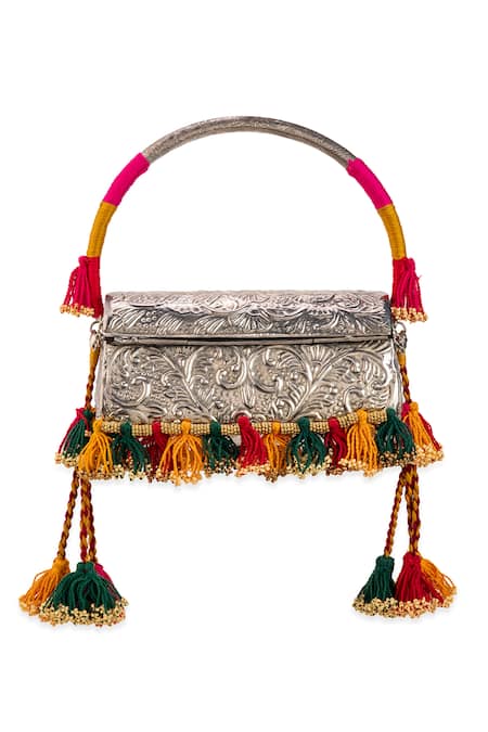 Buy_5elements_Silver Tassels, Beads Anvika Embossed Metallic Handbag  _Online_at_Aza_Fashions