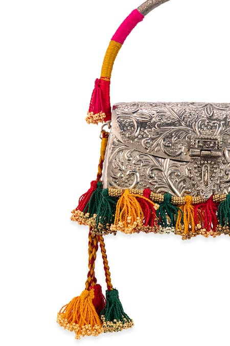 Shop_5elements_Silver Tassels, Beads Anvika Embossed Metallic Handbag  _Online_at_Aza_Fashions