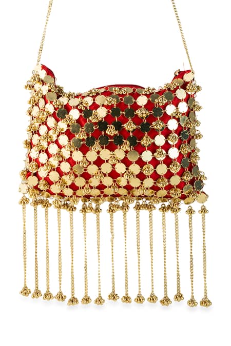 Buy_5elements_Red Tassels, Chains Ranvika Coin Embellished Potli Bag  _Online_at_Aza_Fashions