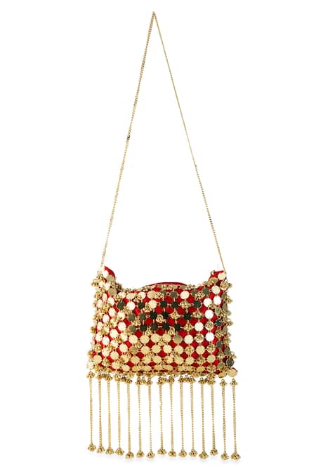 Shop_5elements_Red Tassels, Chains Ranvika Coin Embellished Potli Bag  _Online_at_Aza_Fashions