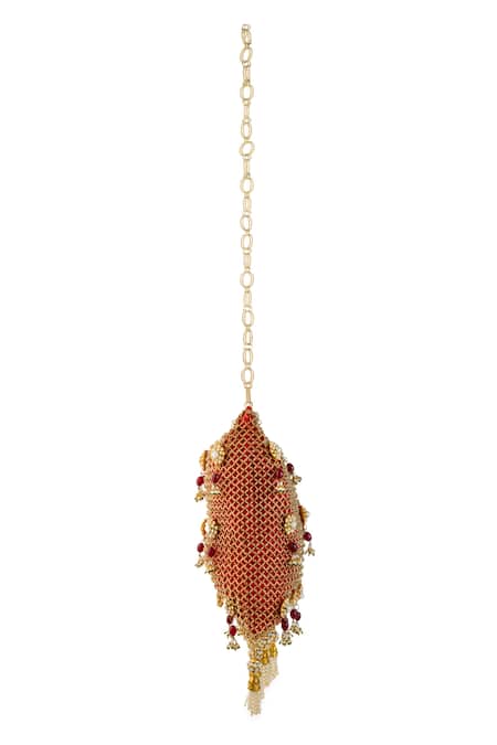 5elements Red Beads, Pearls, Stones, Tassels Lavisha Chainmail Potli Bag Online at Aza Fashions 5elements_Red Beads, Pearls, Stones, Tassels Lavisha Chainmail Potli Bag _Online_at_Aza_Fashions