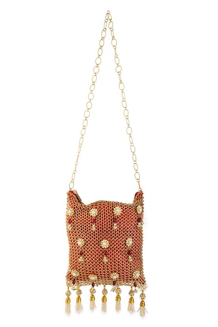 Buy 5elements Red Beads, Pearls, Stones, Tassels Lavisha Chainmail Potli Bag Online at Aza Fashions Buy_5elements_Red Beads, Pearls, Stones, Tassels Lavisha Chainmail Potli Bag _Online_at_Aza_Fashions