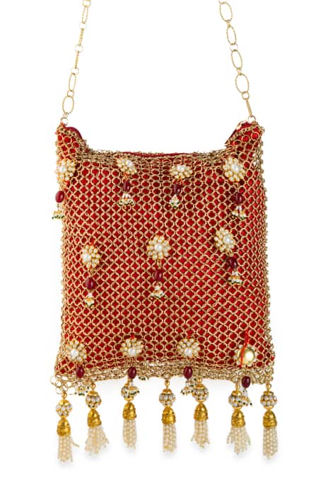 Shop 5elements Red Beads, Pearls, Stones, Tassels Lavisha Chainmail Potli Bag Online at Aza Fashions Shop_5elements_Red Beads, Pearls, Stones, Tassels Lavisha Chainmail Potli Bag _Online_at_Aza_Fashions