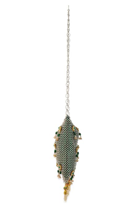 5elements Green Beads, Stones, Tassels Lavisha Chainmail Potli Bag Online at Aza Fashions 5elements_Green Beads, Stones, Tassels Lavisha Chainmail Potli Bag _Online_at_Aza_Fashions