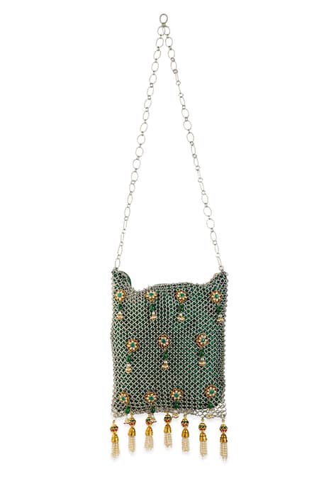 Buy 5elements Green Beads, Stones, Tassels Lavisha Chainmail Potli Bag Online at Aza Fashions Buy_5elements_Green Beads, Stones, Tassels Lavisha Chainmail Potli Bag _Online_at_Aza_Fashions