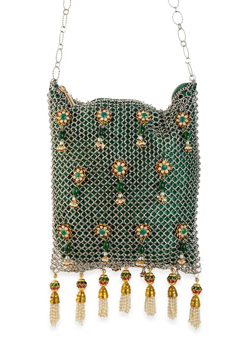 Shop 5elements Green Beads, Stones, Tassels Lavisha Chainmail Potli Bag Online at Aza Fashions Shop_5elements_Green Beads, Stones, Tassels Lavisha Chainmail Potli Bag _Online_at_Aza_Fashions