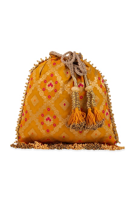Buy_5elements_Yellow Beads, Mirrors, Stones, Tassels, Zari Sharvitha Brocade Potli  _Online_at_Aza_Fashions