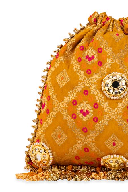 Shop_5elements_Yellow Beads, Mirrors, Stones, Tassels, Zari Sharvitha Brocade Potli  _Online_at_Aza_Fashions