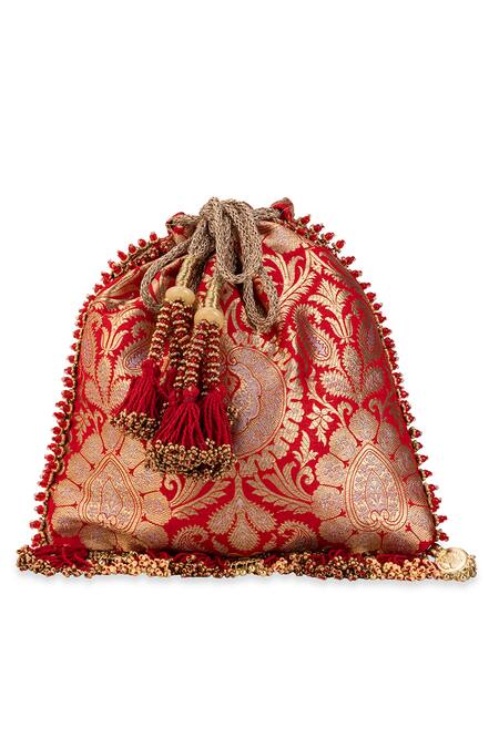 5elements_Red Beads, Stones, Mirrors, Tassels Sharvitha Brocade Floral Motif Potli Bag _Online_at_Aza_Fashions
