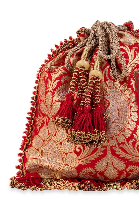 Shop_5elements_Red Beads, Stones, Mirrors, Tassels Sharvitha Brocade Floral Motif Potli Bag _Online_at_Aza_Fashions